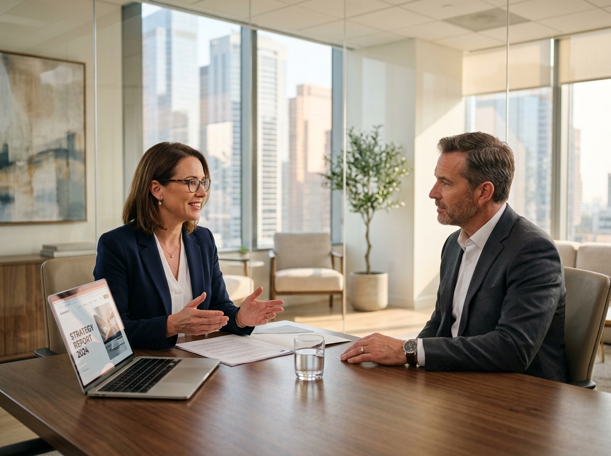 Consultant advising client during strategic meeting
